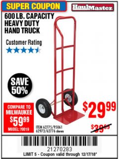 Harbor Freight Coupon HEAVY DUTY HAND TRUCK Lot No. 62775/3163/62776/62973/95061 Expired: 12/17/18 - $29.99