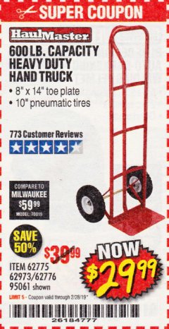 Harbor Freight Coupon HEAVY DUTY HAND TRUCK Lot No. 62775/3163/62776/62973/95061 Expired: 2/28/19 - $29.99