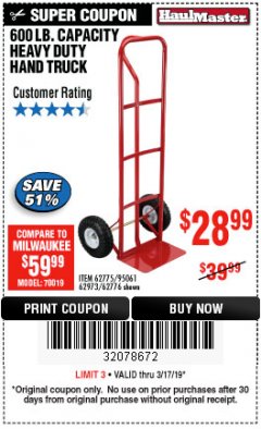 Harbor Freight Coupon HEAVY DUTY HAND TRUCK Lot No. 62775/3163/62776/62973/95061 Expired: 3/17/19 - $28.99