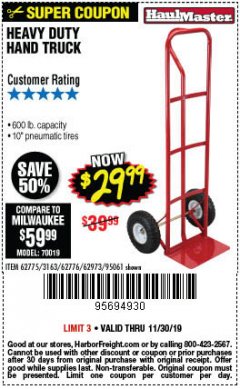 Harbor Freight Coupon HEAVY DUTY HAND TRUCK Lot No. 62775/3163/62776/62973/95061 Expired: 11/30/19 - $29.99