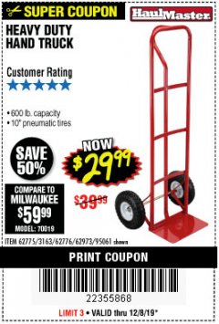 Harbor Freight Coupon HEAVY DUTY HAND TRUCK Lot No. 62775/3163/62776/62973/95061 Expired: 12/8/19 - $29.99