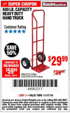 Harbor Freight Coupon HEAVY DUTY HAND TRUCK Lot No. 62775/3163/62776/62973/95061 Expired: 11/17/19 - $29.99