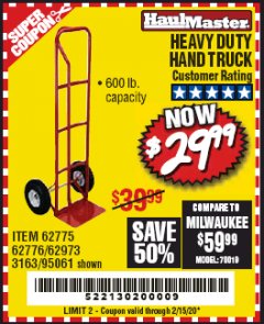 Harbor Freight Coupon HEAVY DUTY HAND TRUCK Lot No. 62775/3163/62776/62973/95061 Expired: 2/15/20 - $29.99