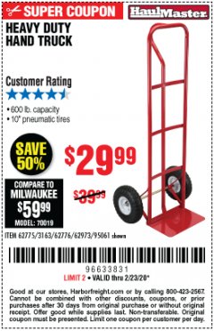 Harbor Freight Coupon HEAVY DUTY HAND TRUCK Lot No. 62775/3163/62776/62973/95061 Expired: 2/23/20 - $29.99