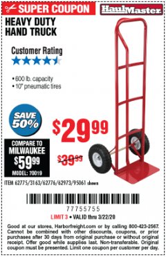Harbor Freight Coupon HEAVY DUTY HAND TRUCK Lot No. 62775/3163/62776/62973/95061 Expired: 3/22/20 - $29.99