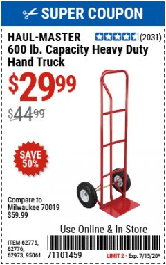 Harbor Freight Coupon HEAVY DUTY HAND TRUCK Lot No. 62775/3163/62776/62973/95061 Expired: 7/15/20 - $29.99