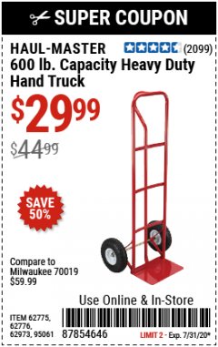 Harbor Freight Coupon HEAVY DUTY HAND TRUCK Lot No. 62775/3163/62776/62973/95061 Expired: 7/31/20 - $29.99