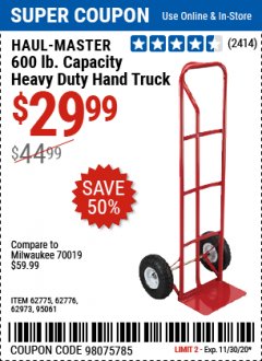Harbor Freight Coupon HEAVY DUTY HAND TRUCK Lot No. 62775/3163/62776/62973/95061 Expired: 11/30/20 - $29.99