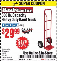 Harbor Freight Coupon HEAVY DUTY HAND TRUCK Lot No. 62775/3163/62776/62973/95061 Expired: 12/18/20 - $29.99
