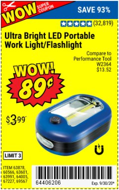 Harbor Freight Coupon LED PORTABLE WORKLIGHT/FLASHLIGHT Lot No. 63878/63991/64005/69567/60566/63601/67227 Expired: 9/30/20 - $0.89