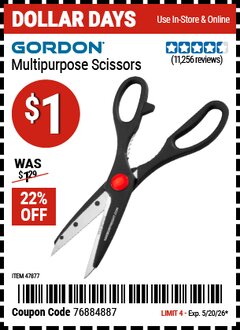 Harbor Freight Coupon GORDON MULTIPURPOSE SCISSORS Lot No. 47877/60274/63520 Valid Thru: 5/20/26 - $1