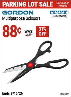 Harbor Freight Coupon GORDON MULTIPURPOSE SCISSORS Lot No. 47877/60274/63520 EXPIRES: 8/16/26 - $0.88