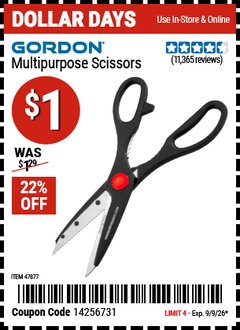 Harbor Freight Coupon GORDON MULTIPURPOSE SCISSORS Lot No. 47877/60274/63520 Expired: 9/9/26 - $1