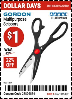 Harbor Freight Coupon GORDON MULTIPURPOSE SCISSORS Lot No. 47877/60274/63520 Valid Thru: 10/21/26 - $1