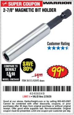 Harbor Freight Coupon WARRIOR 2-7/8 IN. MAGNETIC BIT HOLDER Lot No. 62692 Expired: 2/29/20 - $0.99