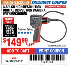 Harbor Freight ITC Coupon 3.5" LCD Digital Inspection Camera with Recorder Lot No. 61838 60695 Expired: 10/8/19 - $149.99