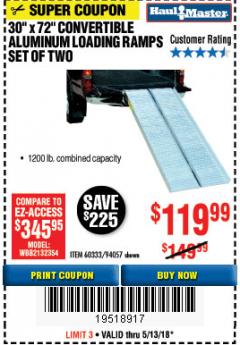 Harbor Freight Coupon CONVERTIBLE ALUMINUM LOADING RAMP Lot No. 94057/60333 Expired: 5/13/18 - $119.99