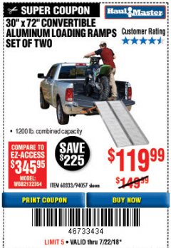 Harbor Freight Coupon CONVERTIBLE ALUMINUM LOADING RAMP Lot No. 94057/60333 Expired: 7/22/18 - $119.99