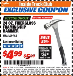 Harbor Freight ITC Coupon 24 OZ. FIBERGLASS FRAMING/RIP HAMMER Lot No. 68983 Expired: 7/31/18 - $4.99