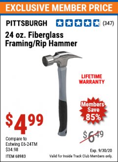 Harbor Freight ITC Coupon 24 OZ. FIBERGLASS FRAMING/RIP HAMMER Lot No. 68983 Expired: 9/30/20 - $4.99