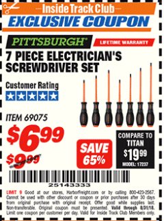 Harbor Freight ITC Coupon 7 PIECE ELECTRICIAN'S SCREWDRIVER SET Lot No. 69075 Expired: 8/31/18 - $6.99