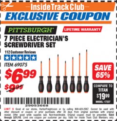 Harbor Freight ITC Coupon 7 PIECE ELECTRICIAN'S SCREWDRIVER SET Lot No. 69075 Expired: 3/31/19 - $6.99
