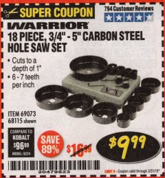Harbor Freight Coupon 18 PIECE CARBON STEEL HOLE SAW SET Lot No. 69073, 68115 Expired: 3/31/19 - $9.99