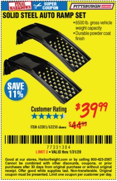 Harbor Freight Coupon 2 PIECE SOLID STEEL AUTO RAMP SET Lot No. 68365/63305/63250 Expired: 1/31/20 - $39.99
