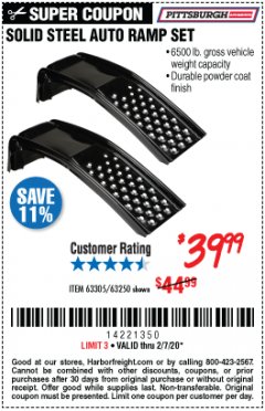 Harbor Freight Coupon 2 PIECE SOLID STEEL AUTO RAMP SET Lot No. 68365/63305/63250 Expired: 2/20/20 - $39.99