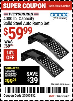 Harbor Freight Coupon PITTSBURGH 4000 LB. CAPACITY SOLID STEEL AUTO RAMP SET Lot No. 63250/63305 Expired: 5/12/24 - $59.99