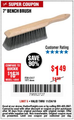 Harbor Freight Coupon 7" Bench Brush Lot No. 62617 / 1072 Expired: 11/24/19 - $1.49