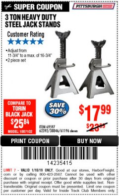 Harbor Freight ITC Coupon 3 TON HEAVY DUTY STEEL JACK STANDS Lot No. 61196/62392/38846/69597 Expired: 1/10/19 - $17.99