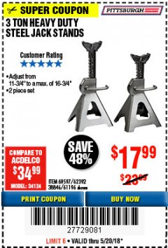 Harbor Freight Coupon 3 TON HEAVY DUTY STEEL JACK STANDS Lot No. 61196/62392/38846/69597 Expired: 5/20/18 - $17.99