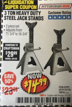 Harbor Freight Coupon 3 TON HEAVY DUTY STEEL JACK STANDS Lot No. 61196/62392/38846/69597 Expired: 7/31/18 - $14.99