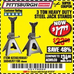 Harbor Freight Coupon 3 TON HEAVY DUTY STEEL JACK STANDS Lot No. 61196/62392/38846/69597 Expired: 9/10/18 - $17.99