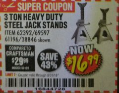 Harbor Freight Coupon 3 TON HEAVY DUTY STEEL JACK STANDS Lot No. 61196/62392/38846/69597 Expired: 8/31/18 - $16.99