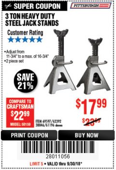 Harbor Freight Coupon 3 TON HEAVY DUTY STEEL JACK STANDS Lot No. 61196/62392/38846/69597 Expired: 9/30/18 - $17.99
