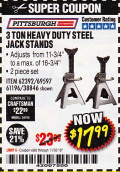 Harbor Freight Coupon 3 TON HEAVY DUTY STEEL JACK STANDS Lot No. 61196/62392/38846/69597 Expired: 11/30/18 - $17.99