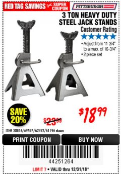 Harbor Freight Coupon 3 TON HEAVY DUTY STEEL JACK STANDS Lot No. 61196/62392/38846/69597 Expired: 12/31/18 - $18.99