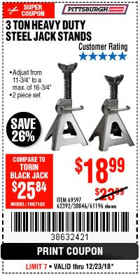 Harbor Freight Coupon 3 TON HEAVY DUTY STEEL JACK STANDS Lot No. 61196/62392/38846/69597 Expired: 12/23/18 - $18.99