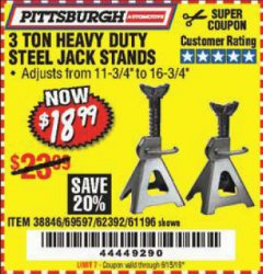 Harbor Freight Coupon 3 TON HEAVY DUTY STEEL JACK STANDS Lot No. 61196/62392/38846/69597 Expired: 6/15/19 - $18.99