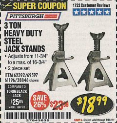 Harbor Freight Coupon 3 TON HEAVY DUTY STEEL JACK STANDS Lot No. 61196/62392/38846/69597 Expired: 4/30/19 - $18.99