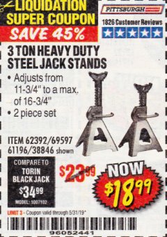 Harbor Freight Coupon 3 TON HEAVY DUTY STEEL JACK STANDS Lot No. 61196/62392/38846/69597 Expired: 5/31/19 - $18.99