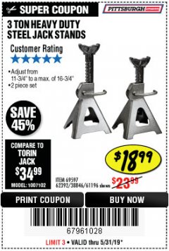 Harbor Freight Coupon 3 TON HEAVY DUTY STEEL JACK STANDS Lot No. 61196/62392/38846/69597 Expired: 5/31/19 - $18.99
