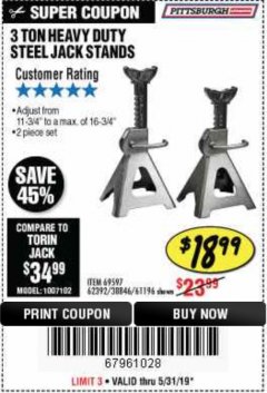 Harbor Freight Coupon 3 TON HEAVY DUTY STEEL JACK STANDS Lot No. 61196/62392/38846/69597 Expired: 5/31/19 - $18.99