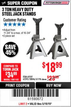 Harbor Freight Coupon 3 TON HEAVY DUTY STEEL JACK STANDS Lot No. 61196/62392/38846/69597 Expired: 5/19/19 - $18.99
