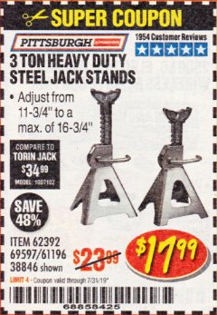 Harbor Freight Coupon 3 TON HEAVY DUTY STEEL JACK STANDS Lot No. 61196/62392/38846/69597 Expired: 7/31/19 - $17.99