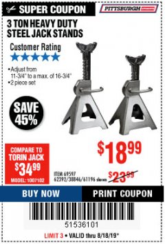 Harbor Freight Coupon 3 TON HEAVY DUTY STEEL JACK STANDS Lot No. 61196/62392/38846/69597 Expired: 8/18/19 - $18.99