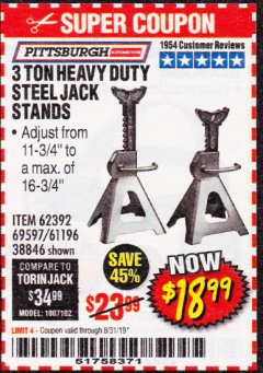 Harbor Freight Coupon 3 TON HEAVY DUTY STEEL JACK STANDS Lot No. 61196/62392/38846/69597 Expired: 8/31/19 - $18.99