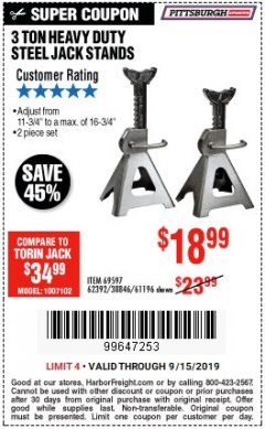 Harbor Freight Coupon 3 TON HEAVY DUTY STEEL JACK STANDS Lot No. 61196/62392/38846/69597 Expired: 9/15/19 - $18.99